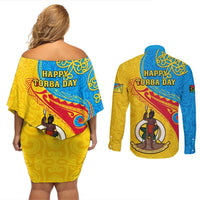 Torba Day Couples Matching Off Shoulder Short Dress and Long Sleeve Button Shirts Sand Drawing Vanuatuan Pattern LT05 - Polynesian Pride