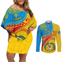 Personalized Torba Day Couples Matching Off Shoulder Short Dress and Long Sleeve Button Shirts Sand Drawing Vanuatuan Pattern LT05 Yellow - Polynesian Pride