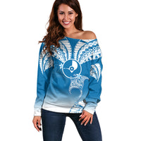 Personalised FSM Yap Constitution Day Off Shoulder Sweater Polynesian Batoids LT05 Women Blue - Polynesian Pride