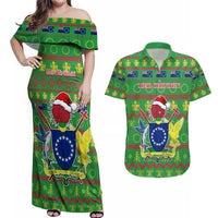 Personalised Cook Islands Christmas Couples Matching Off Shoulder Maxi Dress and Hawaiian Shirt Santa Coat Of Arms Meri Kiritimiti LT05 Green - Polynesian Pride