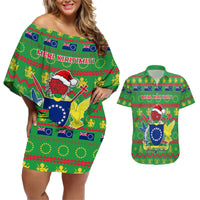 Personalised Cook Islands Christmas Couples Matching Off Shoulder Short Dress and Hawaiian Shirt Santa Coat Of Arms Meri Kiritimiti LT05 Green - Polynesian Pride