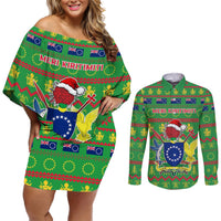 Personalised Cook Islands Christmas Couples Matching Off Shoulder Short Dress and Long Sleeve Button Shirt Santa Coat Of Arms Meri Kiritimiti LT05 Green - Polynesian Pride