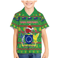 Personalised Cook Islands Christmas Family Matching Mermaid Dress and Hawaiian Shirt Santa Coat Of Arms Meri Kiritimiti LT05 Son's Shirt Green - Polynesian Pride