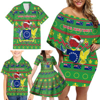 Personalised Cook Islands Christmas Family Matching Off Shoulder Short Dress and Hawaiian Shirt Santa Coat Of Arms Meri Kiritimiti LT05 - Polynesian Pride