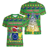 Personalised Cook Islands Christmas Women V Neck T Shirt Santa Coat Of Arms Meri Kiritimiti LT05 - Polynesian Pride