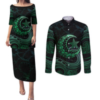 Personalised Polynesia Couples Matching Puletasi Dress and Long Sleeve Button Shirt With Islam Crescent And Star LT05 Green - Polynesian Pride