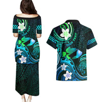 Personalised Hawaii Humuhumu Reef Triggerfish Couples Matching Puletasi and Hawaiian Shirt Turquoise With Plumeria LT05 - Polynesian Pride