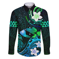 Personalised Hawaii Humuhumu Reef Triggerfish Family Matching Off Shoulder Short Dress and Hawaiian Shirt Turquoise With Plumeria LT05 Dad's Shirt - Long Sleeve Turquoise - Polynesian Pride