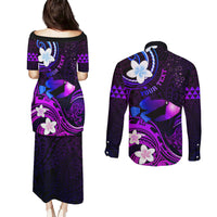 Personalised Hawaii Humuhumu Reef Triggerfish Couples Matching Puletasi and Long Sleeve Button Shirt Violet With Plumeria LT05 - Polynesian Pride