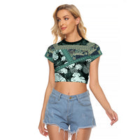 Hawaii Plant Kalo Raglan Cropped T Shirt Hawaiian Tapa Pattern LT05 Female Green - Polynesian Pride