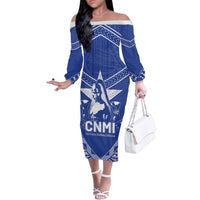 Northern Mariana Islands Family Matching Off The Shoulder Long Sleeve Dress and Hawaiian Shirt Chamorro Warrior Tribal Pattern