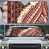 Red Vintage Tonga Ngatu Pattern With Plumeria Auto Sun Shade - Polynesian Pride