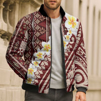 Red Vintage Tonga Ngatu Pattern With Plumeria Bomber Puffer Jacket LT05 - Polynesian Pride