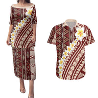Red Vintage Tonga Ngatu Pattern With Plumeria Couples Matching Puletasi and Hawaiian Shirt LT05 Red - Polynesian Pride