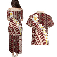 Red Vintage Tonga Ngatu Pattern With Plumeria Couples Matching Puletasi and Hawaiian Shirt LT05 - Polynesian Pride