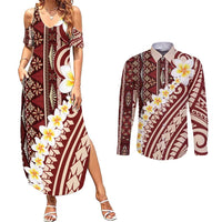 Red Vintage Tonga Ngatu Pattern With Plumeria Couples Matching Summer Maxi Dress and Long Sleeve Button Shirt LT05 Red - Polynesian Pride