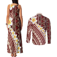 Red Vintage Tonga Ngatu Pattern With Plumeria Couples Matching Tank Maxi Dress and Long Sleeve Button Shirt LT05 - Polynesian Pride