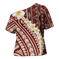 Red Vintage Tonga Ngatu Pattern With Plumeria Cross Shoulder Shirt LT05 - Polynesian Pride