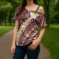 Red Vintage Tonga Ngatu Pattern With Plumeria Cross Shoulder Shirt LT05 - Polynesian Pride