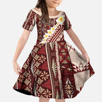 Red Vintage Tonga Ngatu Pattern With Plumeria Family Matching Off The Shoulder Long Sleeve Dress and Hawaiian Shirt - Polynesian Pride