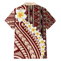 Red Vintage Tonga Ngatu Pattern With Plumeria Family Matching Off The Shoulder Long Sleeve Dress and Hawaiian Shirt - Polynesian Pride