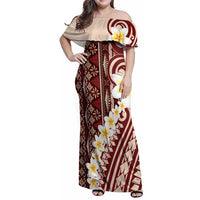 Red Vintage Tonga Ngatu Pattern With Plumeria Family Matching Off Shoulder Maxi Dress and Hawaiian Shirt - Polynesian Pride