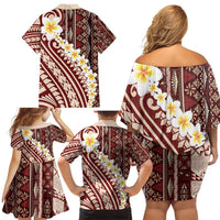 Red Vintage Tonga Ngatu Pattern With Plumeria Family Matching Off Shoulder Short Dress and Hawaiian Shirt - Polynesian Pride