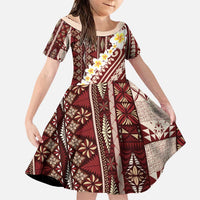 Red Vintage Tonga Ngatu Pattern With Plumeria Family Matching Puletasi and Hawaiian Shirt LT05 Daughter's Dress Red - Polynesian Pride
