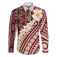 Red Vintage Tonga Ngatu Pattern With Plumeria Family Matching Puletasi and Hawaiian Shirt LT05 Dad's Shirt - Long Sleeve Red - Polynesian Pride