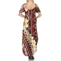 Red Vintage Tonga Ngatu Pattern With Plumeria Family Matching Summer Maxi Dress and Hawaiian Shirt - Polynesian Pride