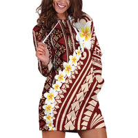 Red Vintage Tonga Ngatu Pattern With Plumeria Hoodie Dress LT05 Red - Polynesian Pride