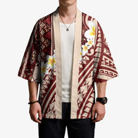 Red Vintage Tonga Ngatu Pattern With Plumeria Kimono LT05 - Polynesian Pride