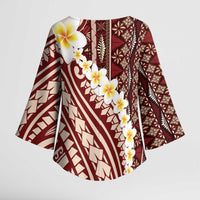 Red Vintage Tonga Ngatu Pattern With Plumeria Kimono Sleeve Blouse LT05 - Polynesian Pride
