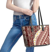 Red Vintage Tonga Ngatu Pattern With Plumeria Leather Tote Bag - Polynesian Pride