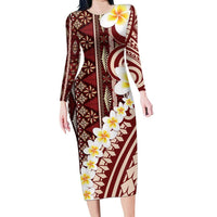 Red Vintage Tonga Ngatu Pattern With Plumeria Long Sleeve Bodycon Dress - Polynesian Pride