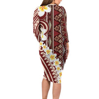 Red Vintage Tonga Ngatu Pattern With Plumeria Long Sleeve Bodycon Dress - Polynesian Pride