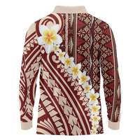 Red Vintage Tonga Ngatu Pattern With Plumeria Long Sleeve Polo Shirt LT05 - Polynesian Pride