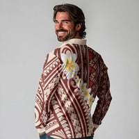 Red Vintage Tonga Ngatu Pattern With Plumeria Long Sleeve Polo Shirt LT05 - Polynesian Pride
