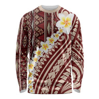 Red Vintage Tonga Ngatu Pattern With Plumeria Long Sleeve Shirt LT05 Unisex Red - Polynesian Pride