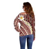 Red Vintage Tonga Ngatu Pattern With Plumeria Off Shoulder Sweater - Polynesian Pride