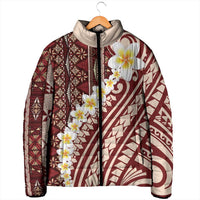 Red Vintage Tonga Ngatu Pattern With Plumeria Padded Jacket LT05 - Polynesian Pride