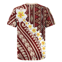 Red Vintage Tonga Ngatu Pattern With Plumeria Rugby Jersey - Polynesian Pride