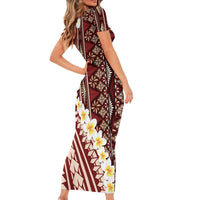 Red Vintage Tonga Ngatu Pattern With Plumeria Short Sleeve Bodycon Dress LT05 - Polynesian Pride