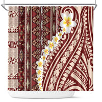 Red Vintage Tonga Ngatu Pattern With Plumeria Shower Curtain - Polynesian Pride