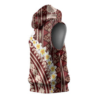 Red Vintage Tonga Ngatu Pattern With Plumeria Sleeveless Hoodie - Polynesian Pride