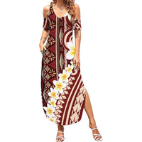 Red Vintage Tonga Ngatu Pattern With Plumeria Summer Maxi Dress - Polynesian Pride