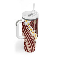 Red Vintage Tonga Ngatu Pattern With Plumeria Tumbler With Handle - Polynesian Pride