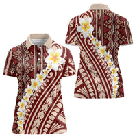 Red Vintage Tonga Ngatu Pattern With Plumeria Women Polo Shirt LT05 - Polynesian Pride