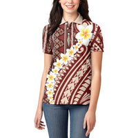 Red Vintage Tonga Ngatu Pattern With Plumeria Women Polo Shirt LT05 - Polynesian Pride