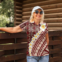 Red Vintage Tonga Ngatu Pattern With Plumeria Women Polo Shirt LT05 - Polynesian Pride